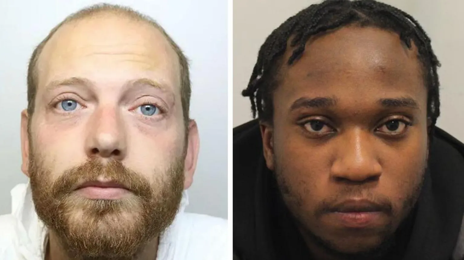 Derbyshire Police/Metropolitan Police Archive custody shots of Samuel Dodsworth (left) and Rico Gedel. Photos of two men, side by side. The one on the left is balding and has a light brown beard. The man on the right has short dreadlocks and is wearing a high-collared jacket.